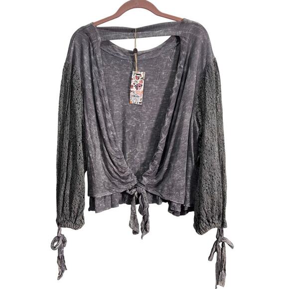 BKE Gimmicks FAB! Embroidered Mesh Boho Open Tie Festive Top in Gray L With Tags - Picture 3 of 7